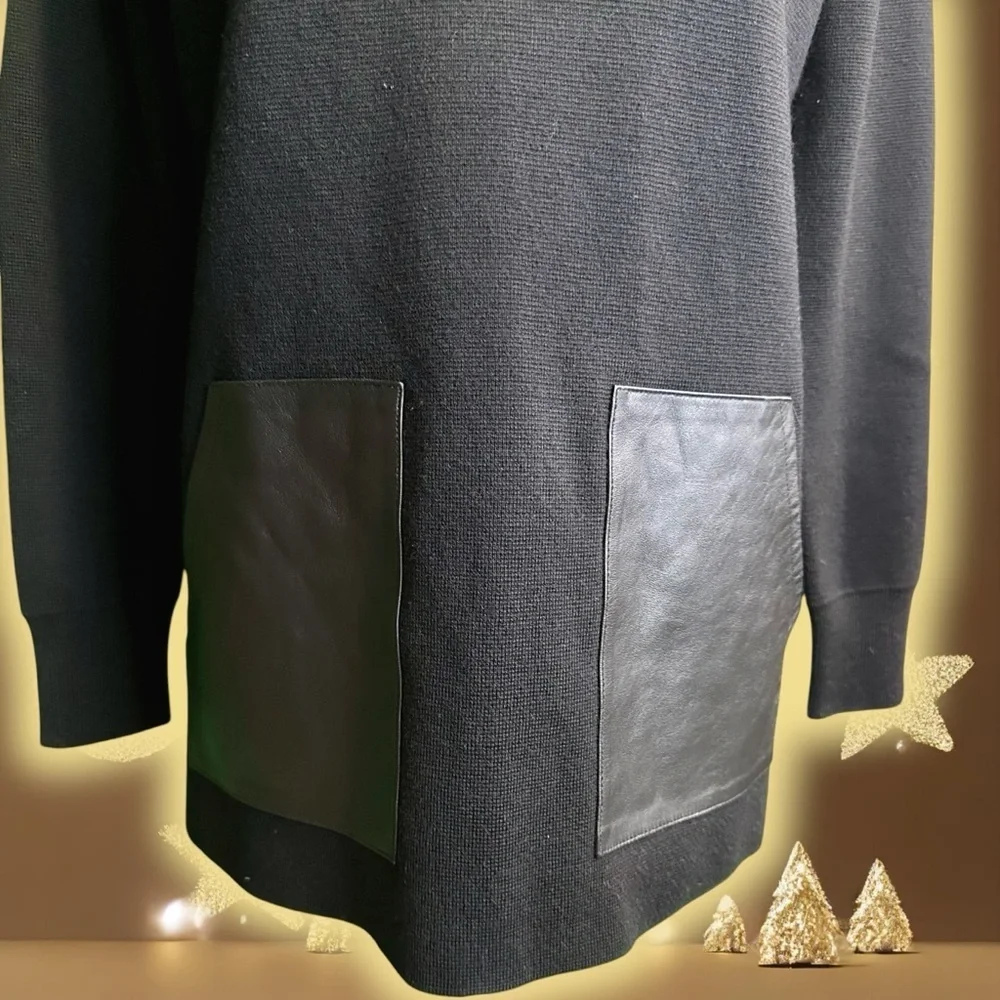 NWOT J. Crew Black ‘100% Merino Wool & Genuine Leather Pocket Sweater’ Size XS